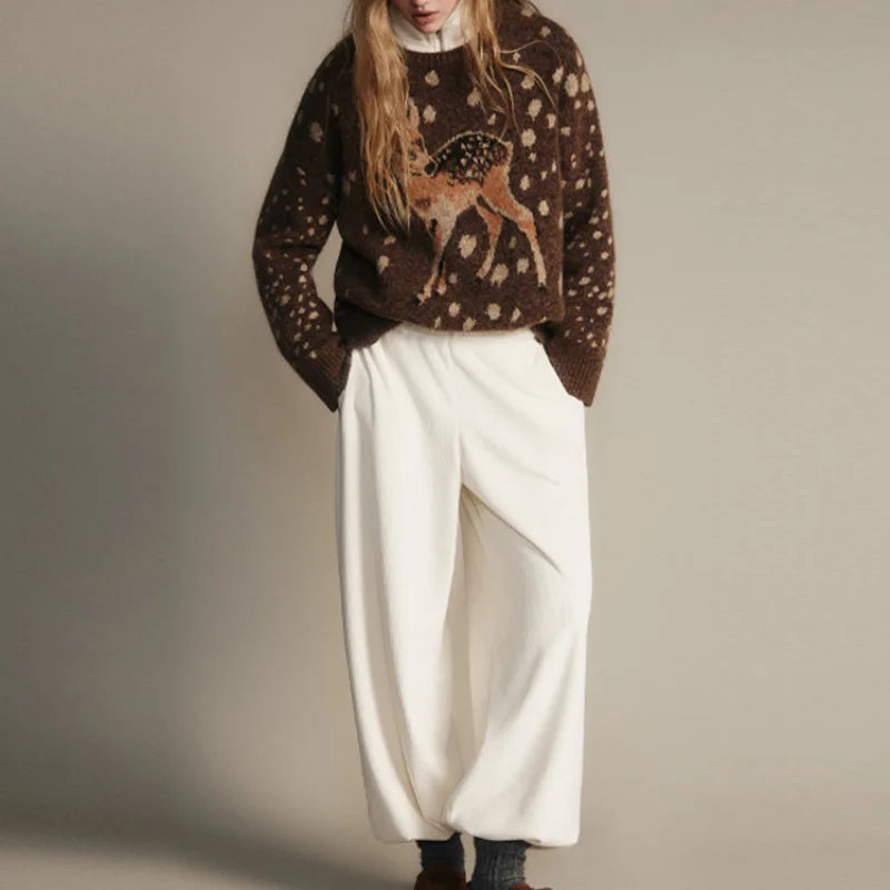 Casual Deer pattern Dot O Neck Knit Sweater For Women  Brown Full Sleeve Loose TOP 2025 Autumn Winter Lady High Street Outerwear