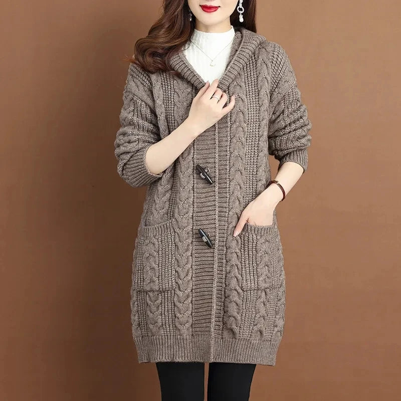 Autumn Winter Temperament Cardigan Sweater Jacket Women 2024New Loose Hooded Knitted Sweater Coat Female Casual Outerwear Ladies