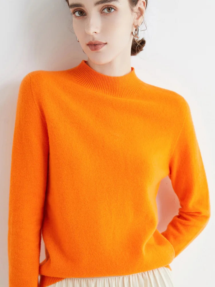 Fashion Basic Spring Autumn Merino Wool Sweater Mock-Neck Cashmere Pullover Solid Color Soft Long Sleeve Basic Clothing Tops