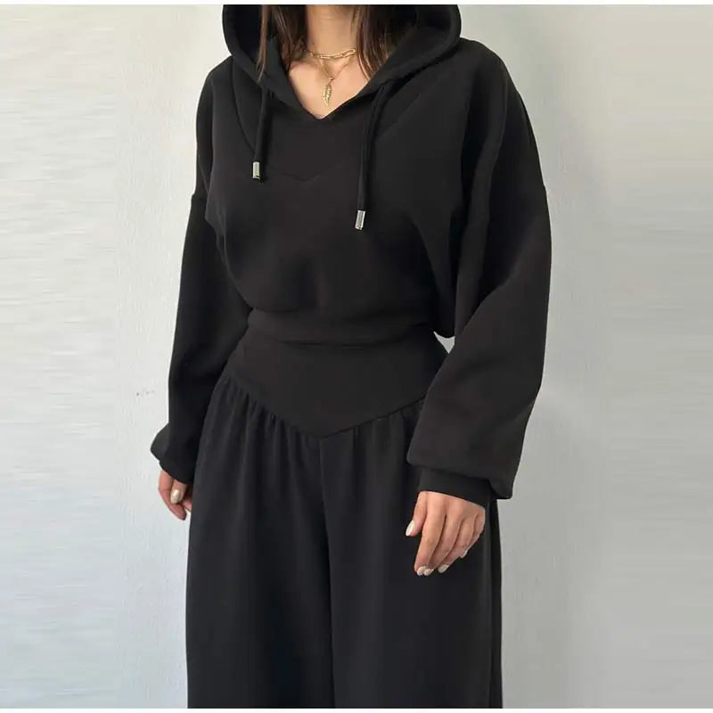 Casual Dark Blue Cropped Hoodie Pants Set Women Loose Short Pullover High Waist Wide Leg Trousers 2 Piece Set 2026 Femmes Outfit
