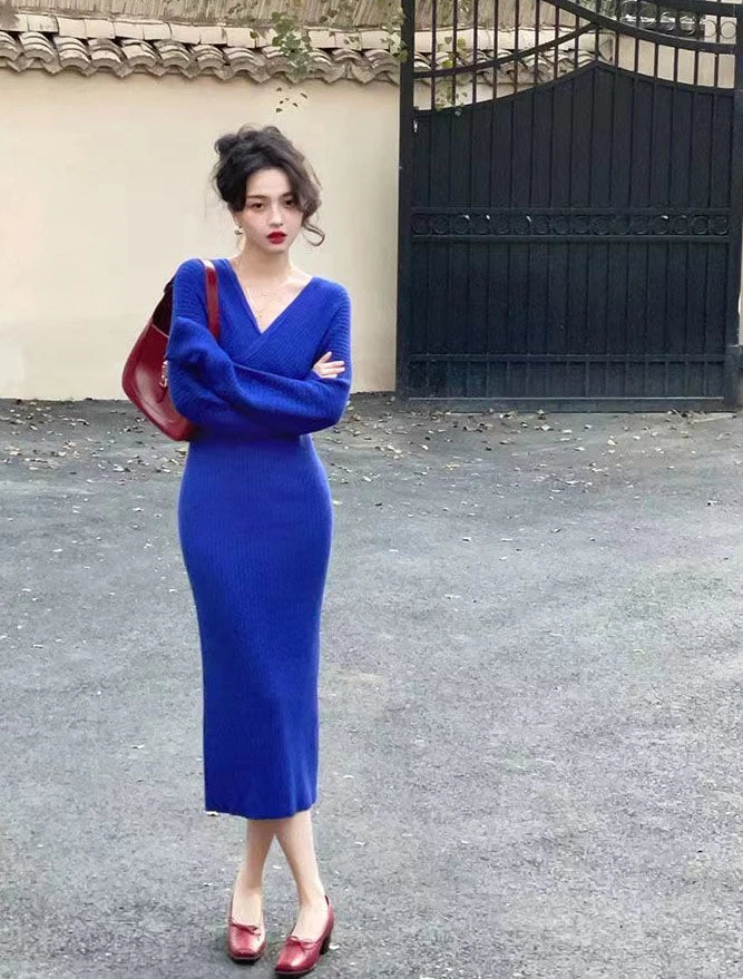 Knitted Long Clothes Robe V Neck Solid Dresses for Women Sexy Daring Maxi Bodycon Evening Woman Dress Designer Outfits Crochet