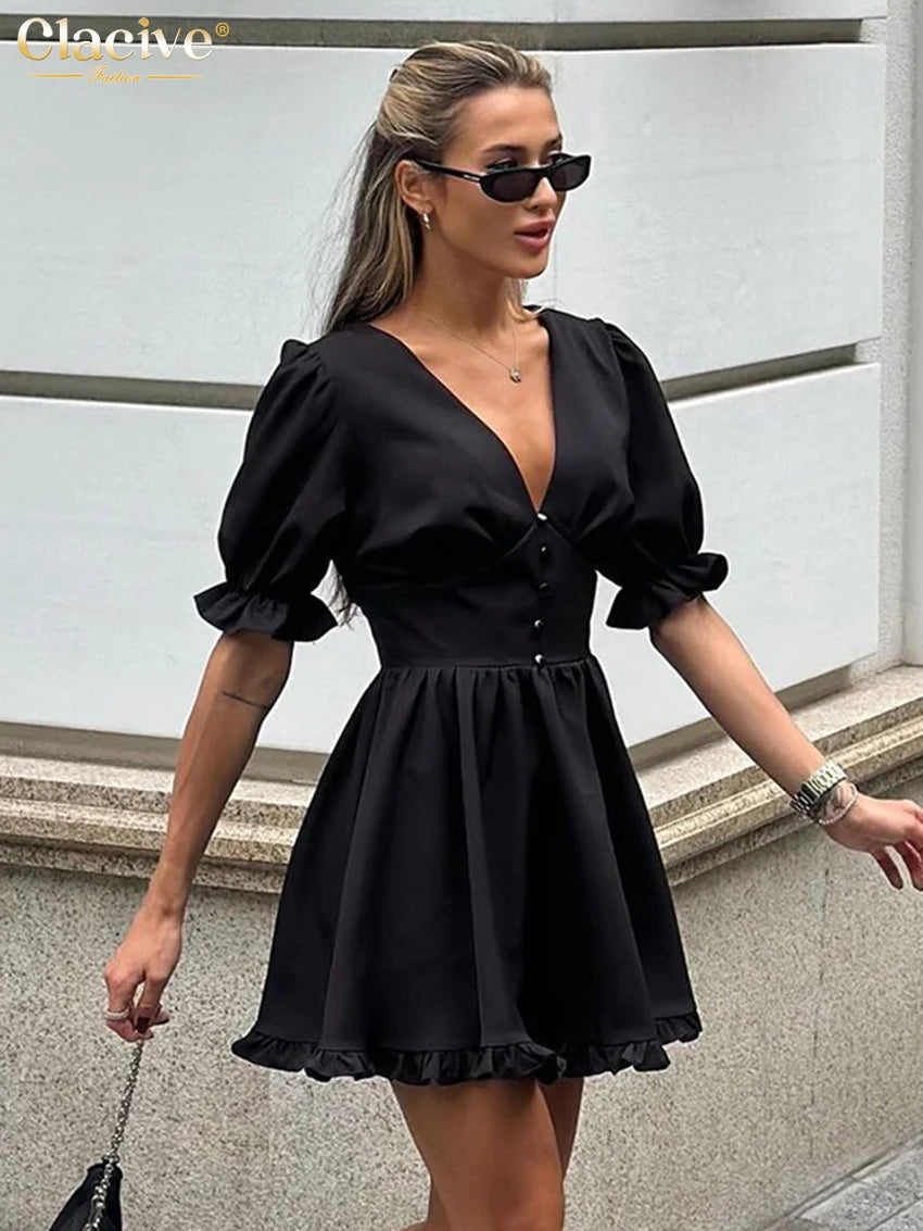 Clacive Summer Loose Black Women's Dress 2025 Sexy V-Neck Short Sleeve Mini Dresses Elegant Classic Pleated Solid Female Dress