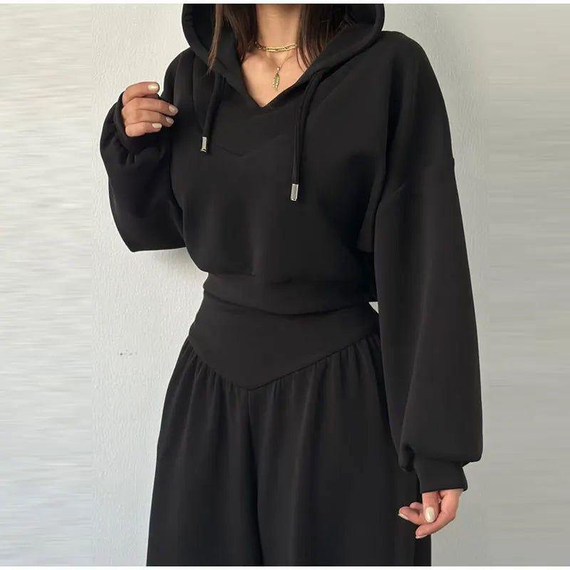 Casual Dark Blue Cropped Hoodie Pants Set Women Loose Short Pullover High Waist Wide Leg Trousers 2 Piece Set 2026 Femmes Outfit