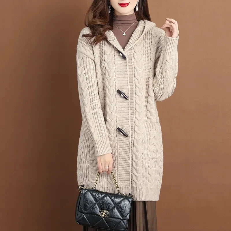 Autumn Winter Temperament Cardigan Sweater Jacket Women 2024New Loose Hooded Knitted Sweater Coat Female Casual Outerwear Ladies