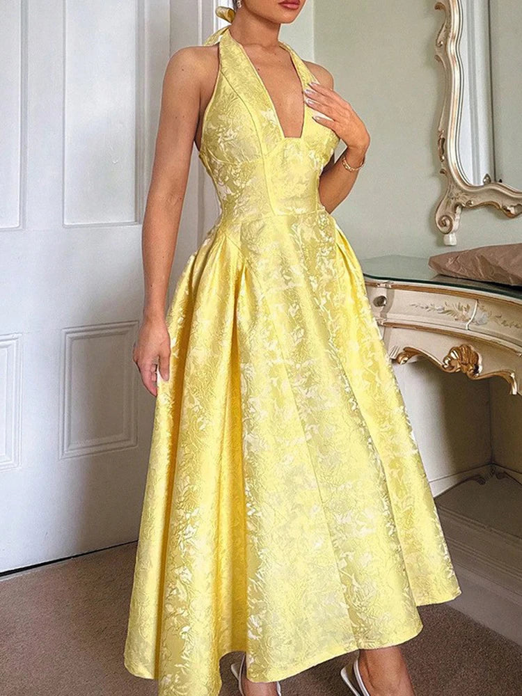 Elegant Lace Up A-line Slim Long Dress Women Chic Sleeveless Deep V-neck High Waist Pleated Dresses Lady Night Party Robe 2026