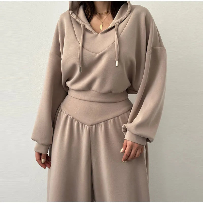 Casual Dark Blue Cropped Hoodie Pants Set Women Loose Short Pullover High Waist Wide Leg Trousers 2 Piece Set 2026 Femmes Outfit