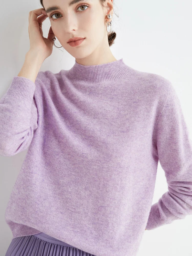 Fashion Basic Spring Autumn Merino Wool Sweater Mock-Neck Cashmere Pullover Solid Color Soft Long Sleeve Basic Clothing Tops