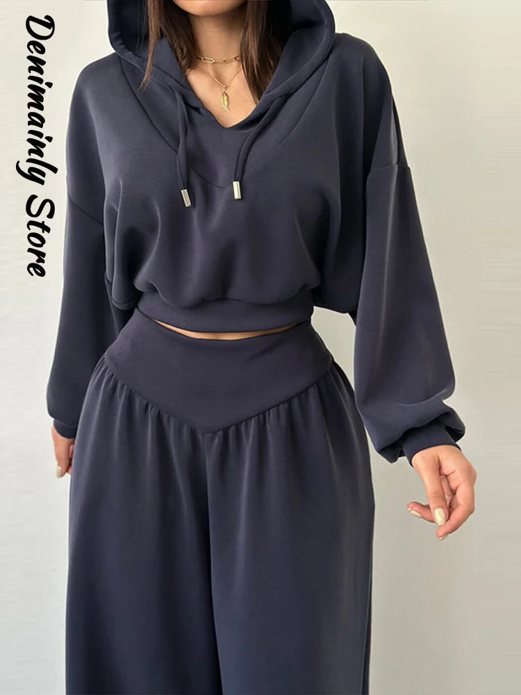 Casual Dark Blue Cropped Hoodie Pants Set Women Loose Short Pullover High Waist Wide Leg Trousers 2 Piece Set 2026 Femmes Outfit