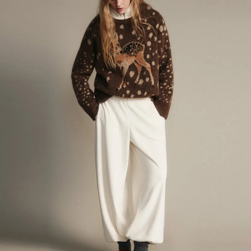 Casual Deer pattern Dot O Neck Knit Sweater For Women  Brown Full Sleeve Loose TOP 2025 Autumn Winter Lady High Street Outerwear