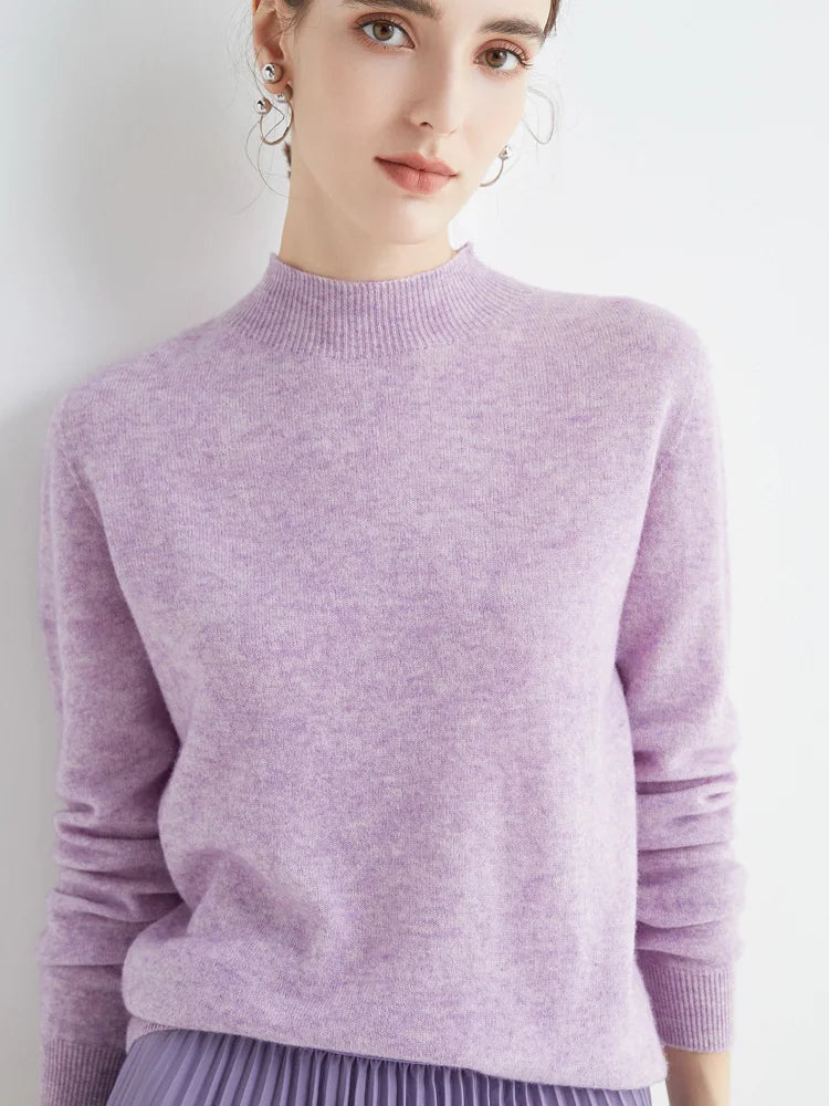 Fashion Basic Spring Autumn Merino Wool Sweater Mock-Neck Cashmere Pullover Solid Color Soft Long Sleeve Basic Clothing Tops