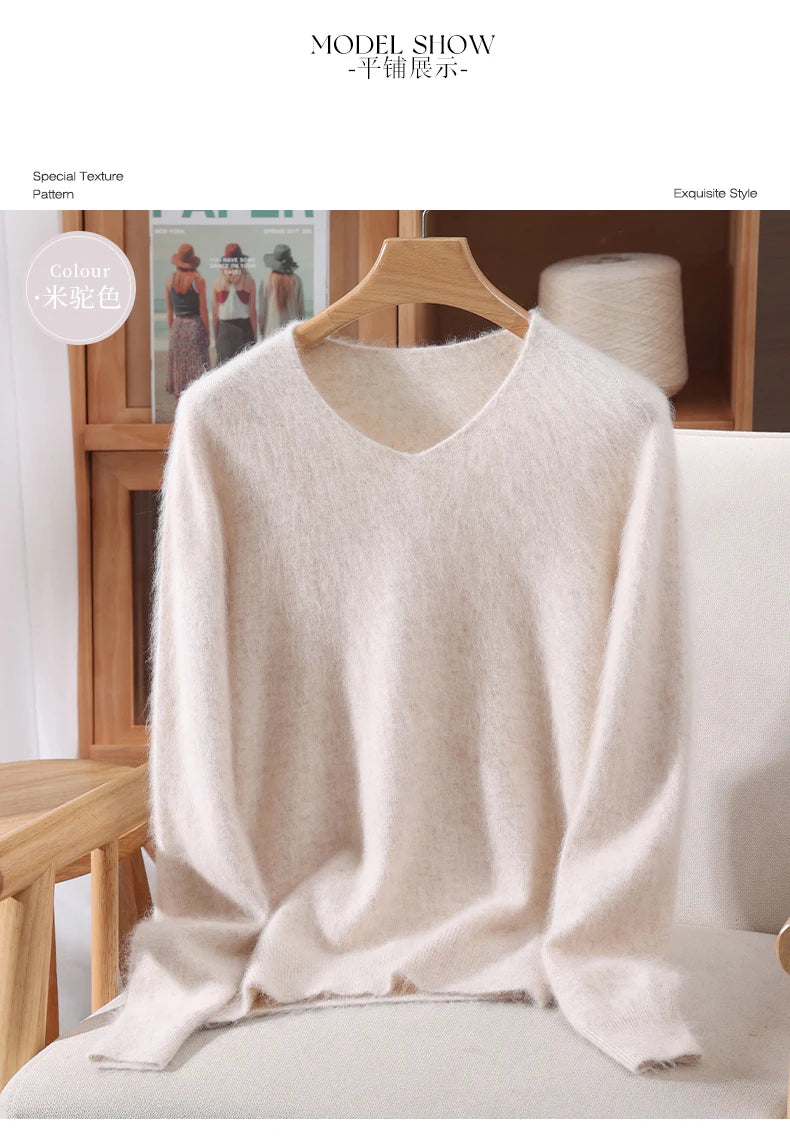 Autumn And Winter New High-End Female Mink Cashmere Sweater Solid Color Long-Sleeved Wool Knit Bottoming Sweater Loose Top