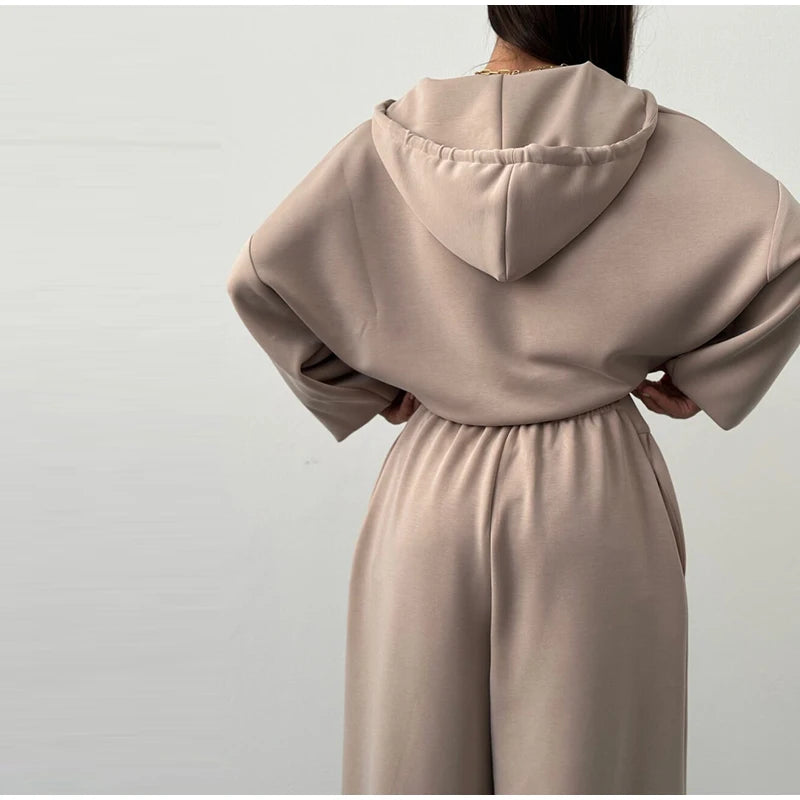Casual Dark Blue Cropped Hoodie Pants Set Women Loose Short Pullover High Waist Wide Leg Trousers 2 Piece Set 2026 Femmes Outfit
