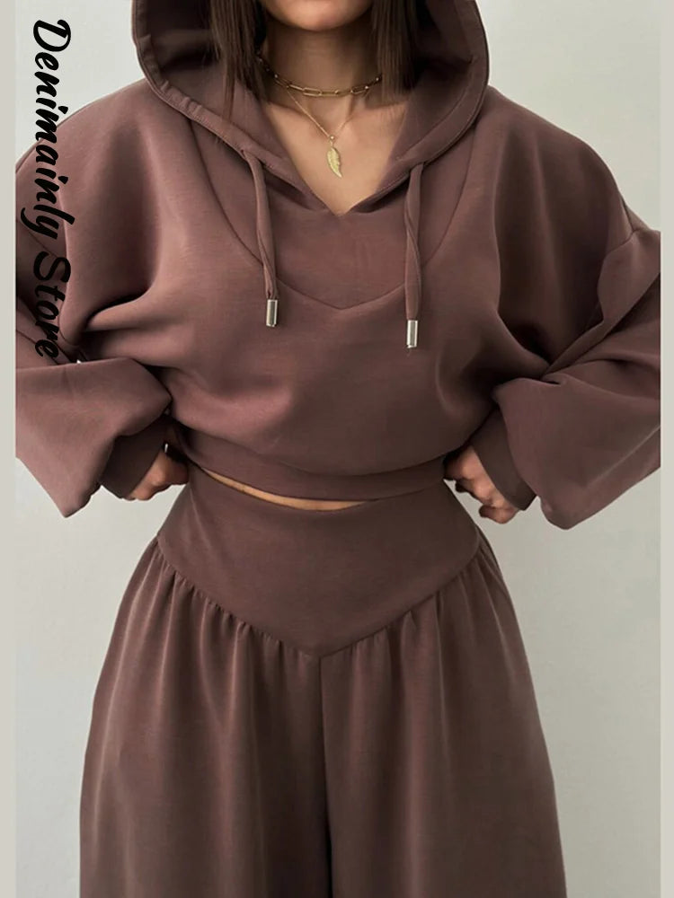 Casual Dark Blue Cropped Hoodie Pants Set Women Loose Short Pullover High Waist Wide Leg Trousers 2 Piece Set 2026 Femmes Outfit