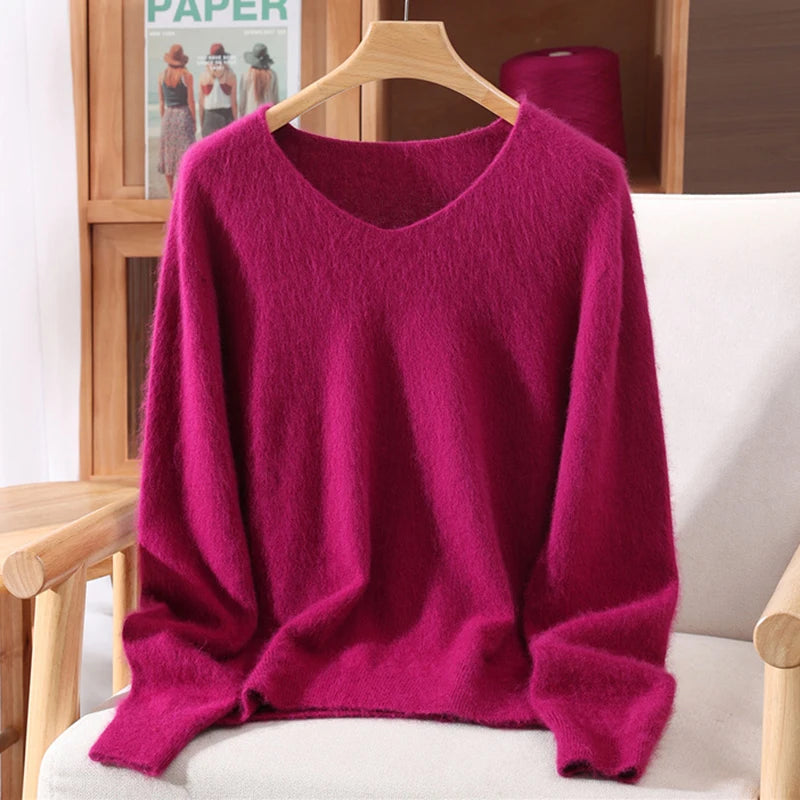 Autumn And Winter New High-End Female Mink Cashmere Sweater Solid Color Long-Sleeved Wool Knit Bottoming Sweater Loose Top