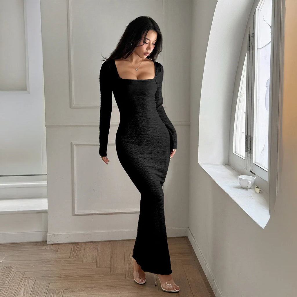 Sexy Solid Long Sleeve Maxi Dress