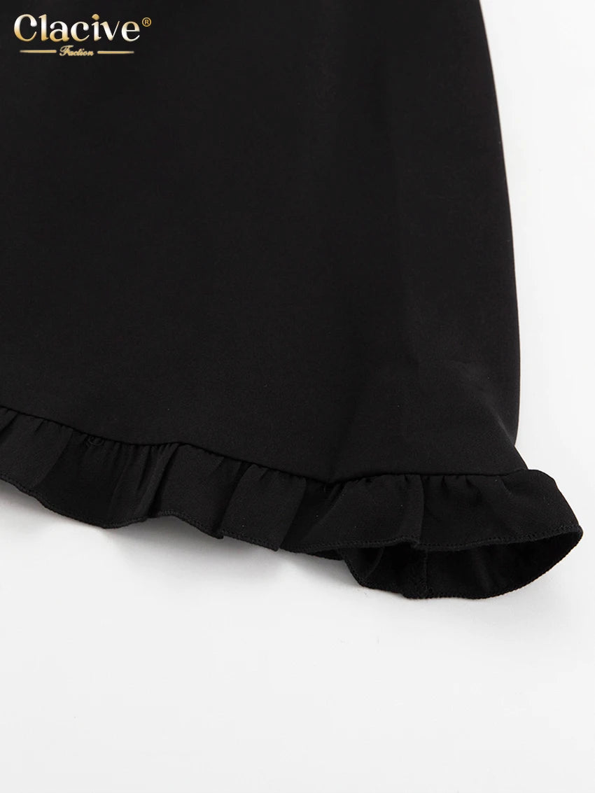 Clacive Summer Loose Black Women's Dress 2025 Sexy V-Neck Short Sleeve Mini Dresses Elegant Classic Pleated Solid Female Dress