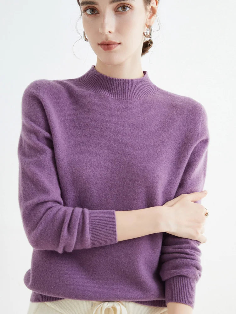 Fashion Basic Spring Autumn Merino Wool Sweater Mock-Neck Cashmere Pullover Solid Color Soft Long Sleeve Basic Clothing Tops
