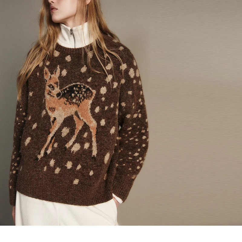 Casual Deer pattern Dot O Neck Knit Sweater For Women  Brown Full Sleeve Loose TOP 2025 Autumn Winter Lady High Street Outerwear