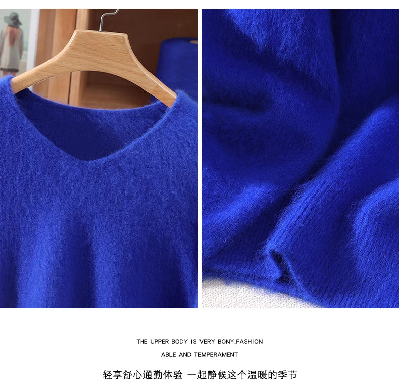 Autumn And Winter New High-End Female Mink Cashmere Sweater Solid Color Long-Sleeved Wool Knit Bottoming Sweater Loose Top