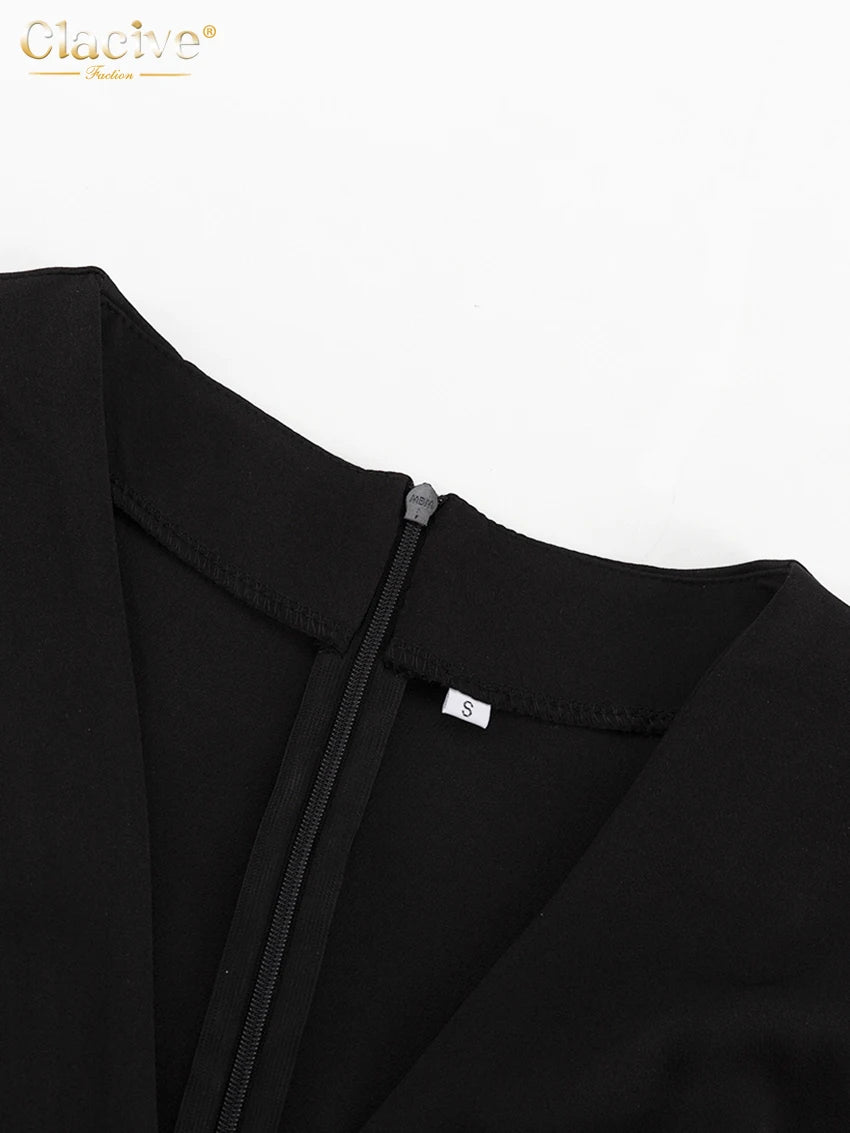 Clacive Summer Loose Black Women's Dress 2025 Sexy V-Neck Short Sleeve Mini Dresses Elegant Classic Pleated Solid Female Dress
