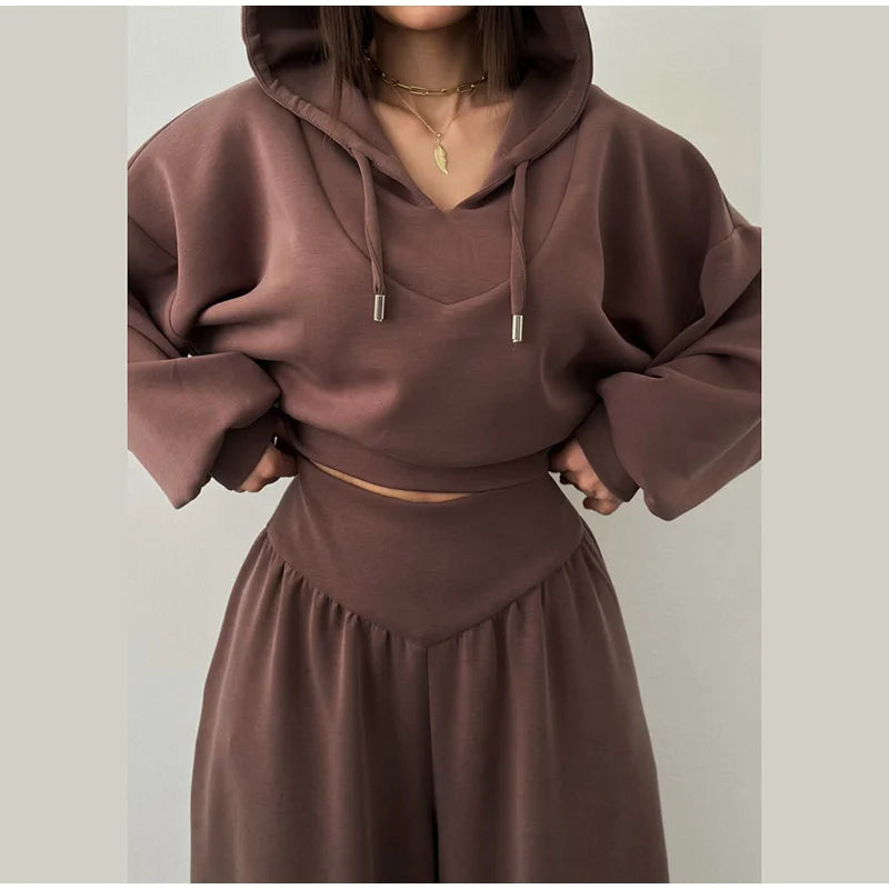 Casual Dark Blue Cropped Hoodie Pants Set Women Loose Short Pullover High Waist Wide Leg Trousers 2 Piece Set 2026 Femmes Outfit