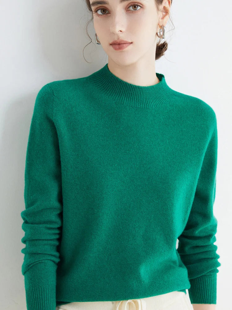 Fashion Basic Spring Autumn Merino Wool Sweater Mock-Neck Cashmere Pullover Solid Color Soft Long Sleeve Basic Clothing Tops