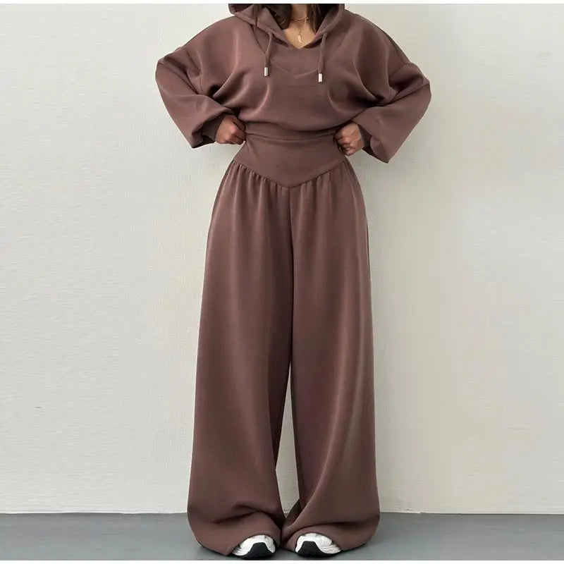 Casual Dark Blue Cropped Hoodie Pants Set Women Loose Short Pullover High Waist Wide Leg Trousers 2 Piece Set 2026 Femmes Outfit
