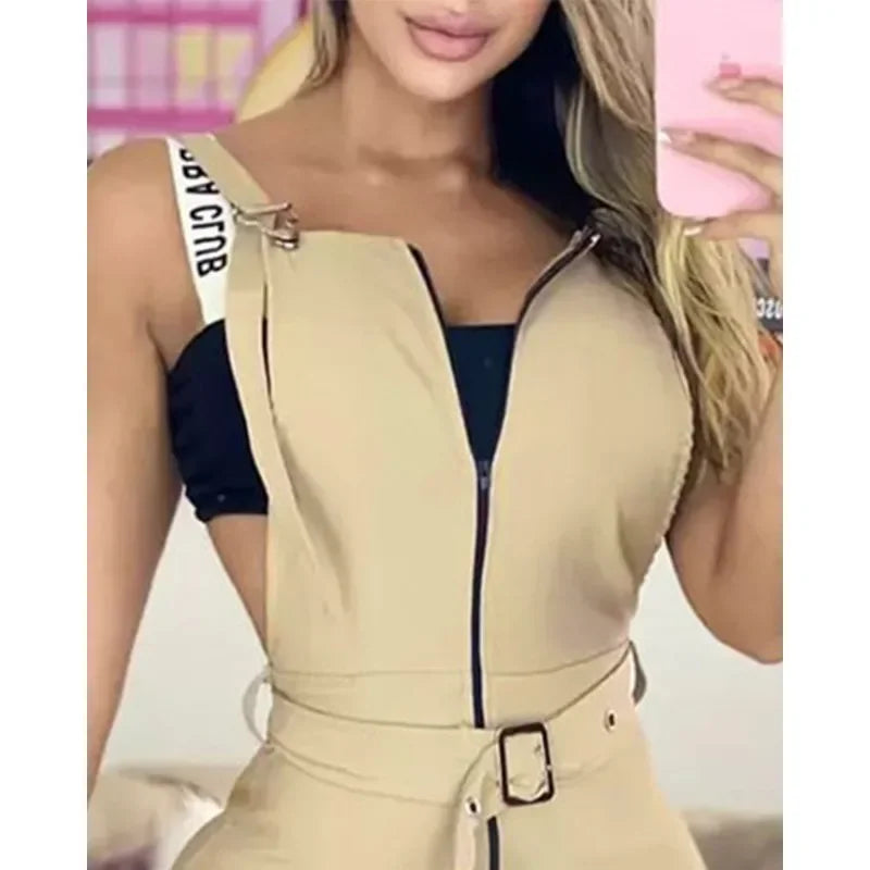 2024 Spring Summer New Women's Solid Color Zipper Pocket Suspender Pants with Belt Fashion Casual Overall