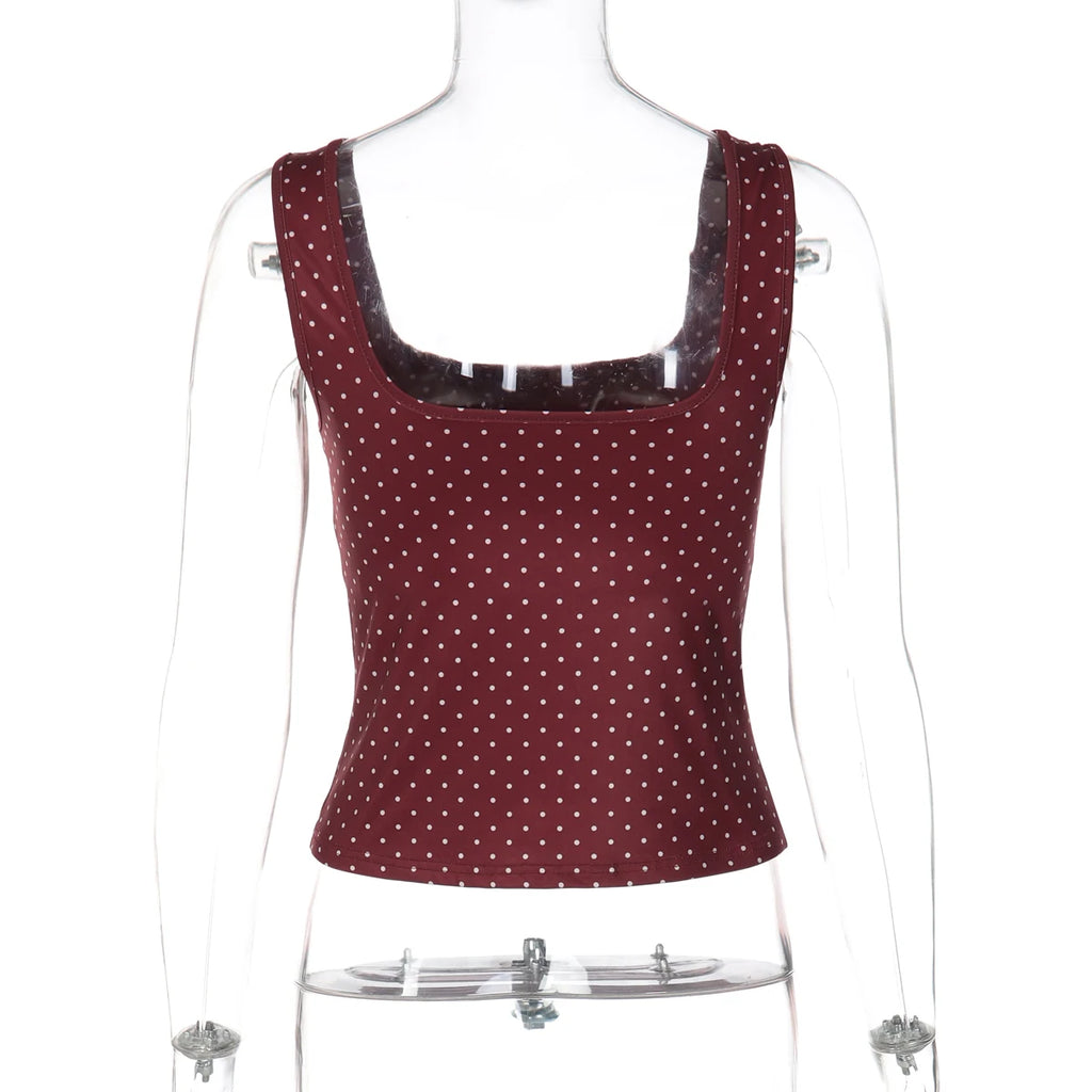 Hugcitar Fashion Polka Dot Print Straps Backless Sexy Slim Crop Tank Top Summer Women Clothes Streetwear Festival Yoga Sport