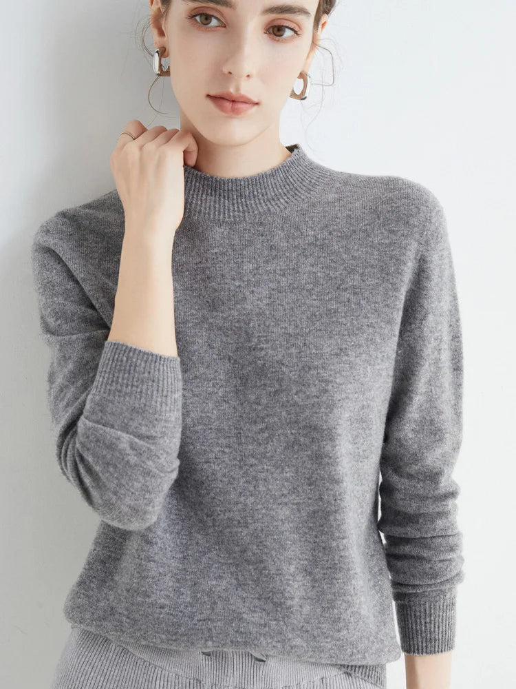 Fashion Basic Spring Autumn Merino Wool Sweater Mock-Neck Cashmere Pullover Solid Color Soft Long Sleeve Basic Clothing Tops