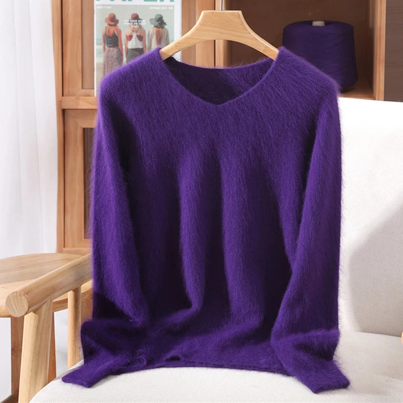 Autumn And Winter New High-End Female Mink Cashmere Sweater Solid Color Long-Sleeved Wool Knit Bottoming Sweater Loose Top
