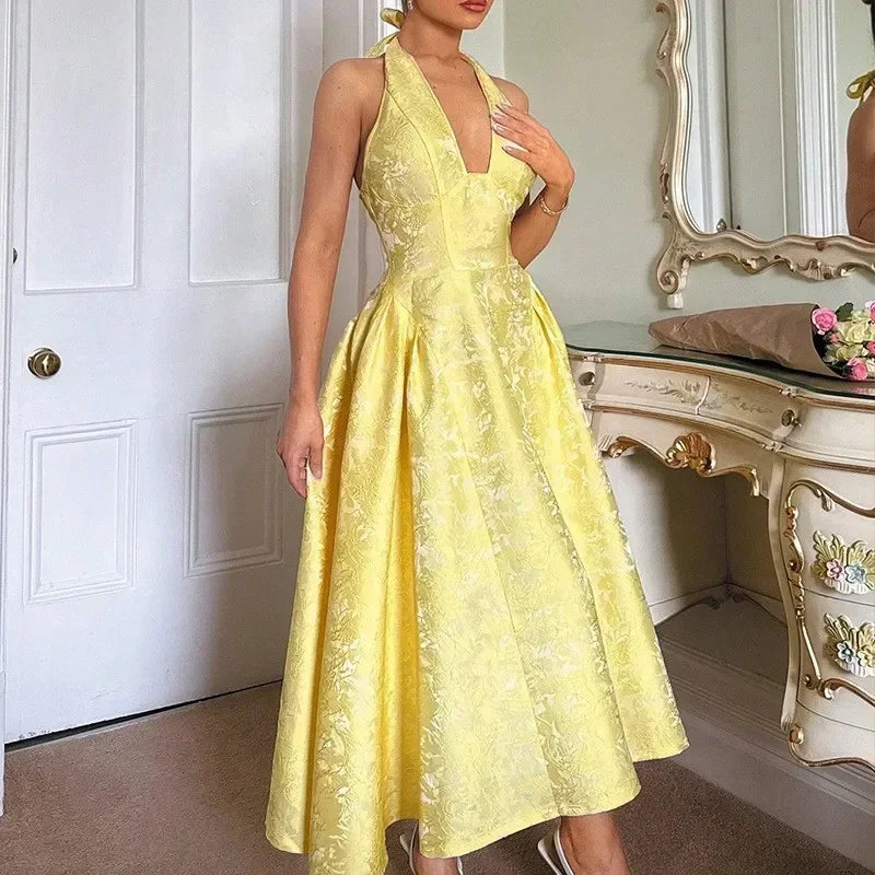 Elegant Lace Up A-line Slim Long Dress Women Chic Sleeveless Deep V-neck High Waist Pleated Dresses Lady Night Party Robe 2026