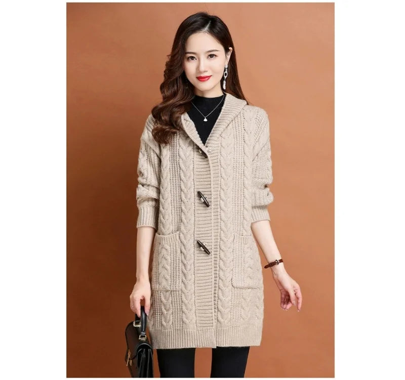 Autumn Winter Temperament Cardigan Sweater Jacket Women 2024New Loose Hooded Knitted Sweater Coat Female Casual Outerwear Ladies