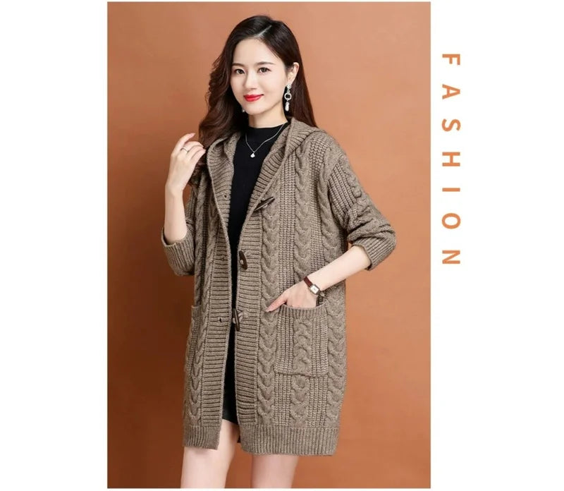 Autumn Winter Temperament Cardigan Sweater Jacket Women 2024New Loose Hooded Knitted Sweater Coat Female Casual Outerwear Ladies