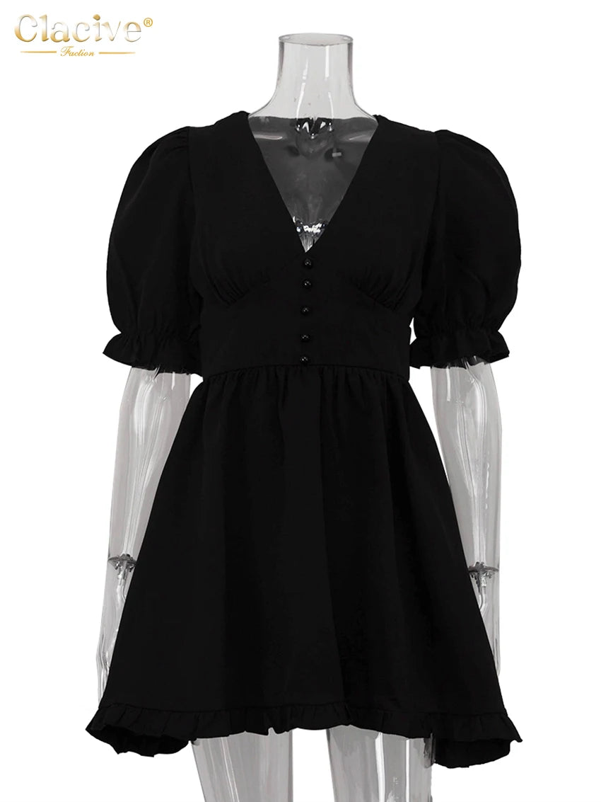 Clacive Summer Loose Black Women's Dress 2025 Sexy V-Neck Short Sleeve Mini Dresses Elegant Classic Pleated Solid Female Dress