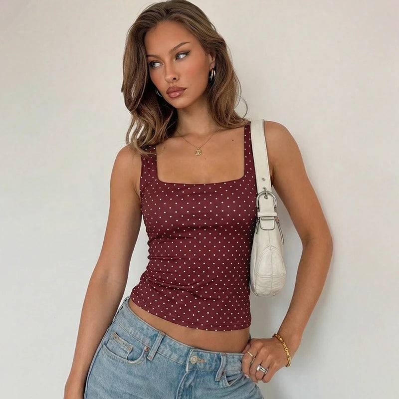 Hugcitar Fashion Polka Dot Print Straps Backless Sexy Slim Crop Tank Top Summer Women Clothes Streetwear Festival Yoga Sport