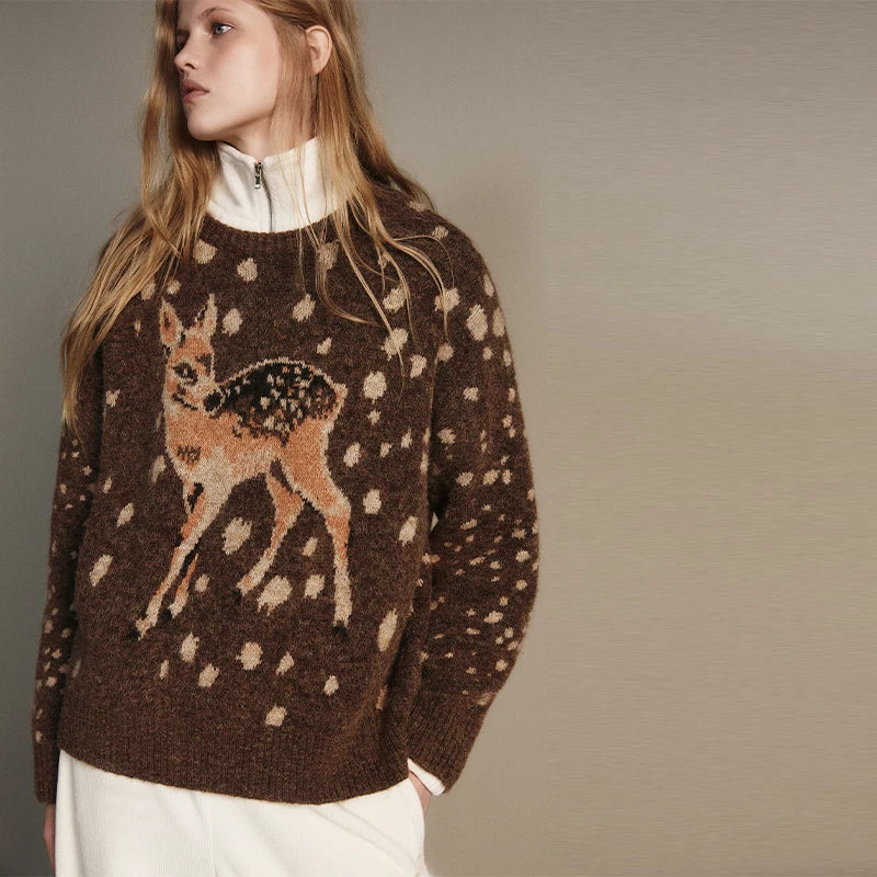 Casual Deer pattern Dot O Neck Knit Sweater For Women  Brown Full Sleeve Loose TOP 2025 Autumn Winter Lady High Street Outerwear
