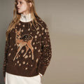 Casual Deer pattern Dot O Neck Knit Sweater For Women  Brown Full Sleeve Loose TOP 2025 Autumn Winter Lady High Street Outerwear