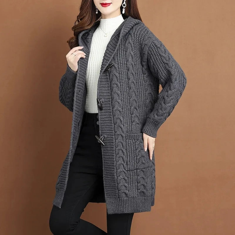 Autumn Winter Temperament Cardigan Sweater Jacket Women 2024New Loose Hooded Knitted Sweater Coat Female Casual Outerwear Ladies