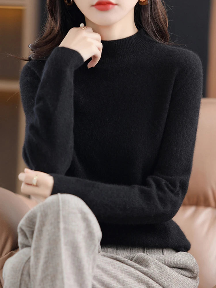 Fashion Basic Spring Autumn Merino Wool Sweater Mock-Neck Cashmere Pullover Solid Color Soft Long Sleeve Basic Clothing Tops