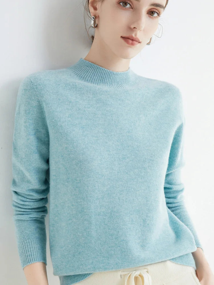 Fashion Basic Spring Autumn Merino Wool Sweater Mock-Neck Cashmere Pullover Solid Color Soft Long Sleeve Basic Clothing Tops