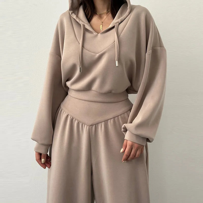Casual Dark Blue Cropped Hoodie Pants Set Women Loose Short Pullover High Waist Wide Leg Trousers 2 Piece Set 2026 Femmes Outfit