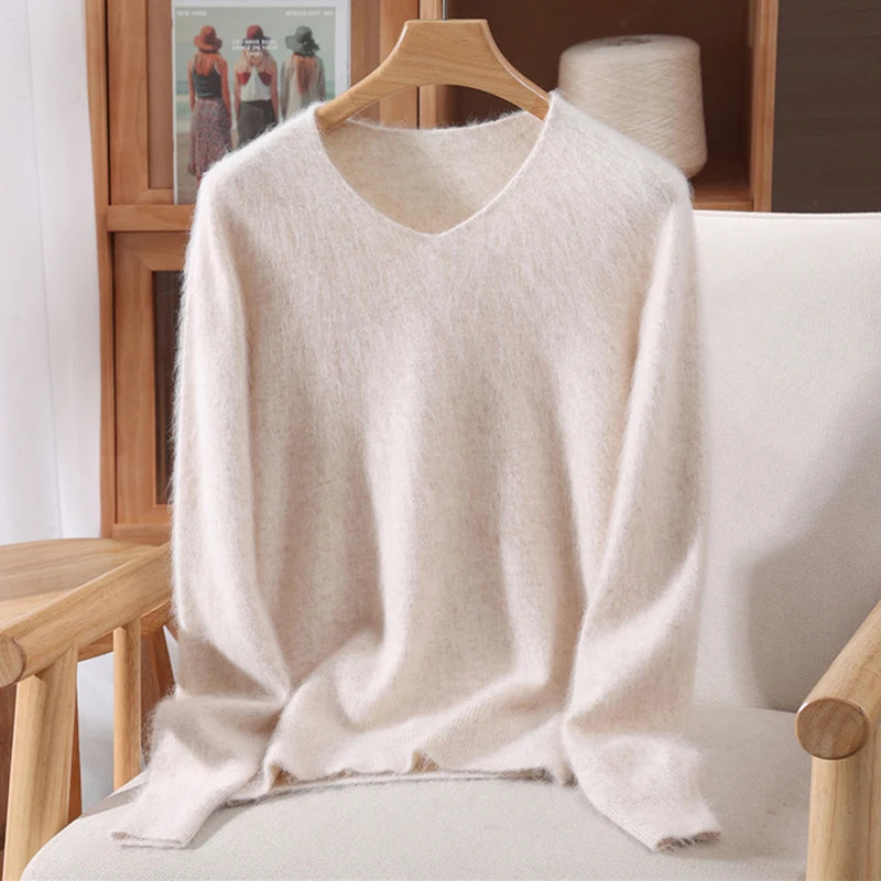 Autumn And Winter New High-End Female Mink Cashmere Sweater Solid Color Long-Sleeved Wool Knit Bottoming Sweater Loose Top