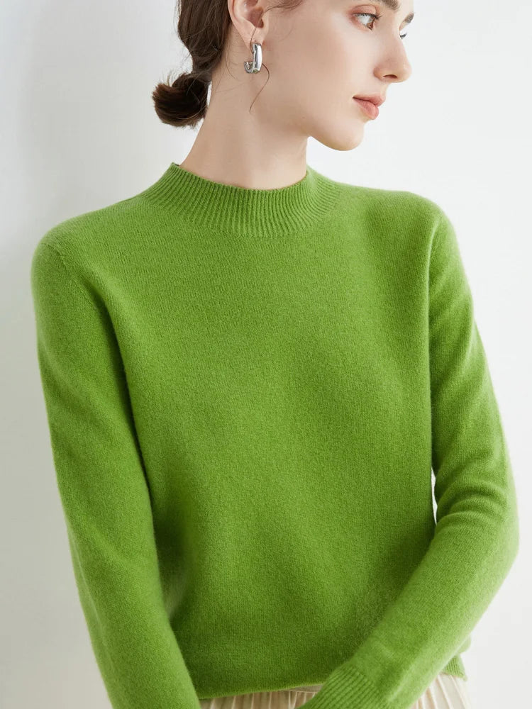 Fashion Basic Spring Autumn Merino Wool Sweater Mock-Neck Cashmere Pullover Solid Color Soft Long Sleeve Basic Clothing Tops