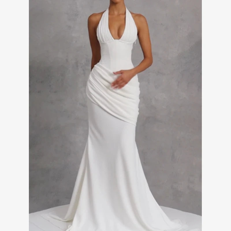 Elegant Lace Up A-line Slim Long Dress Women Chic Sleeveless Deep V-neck High Waist Pleated Dresses Lady Night Party Robe 2026