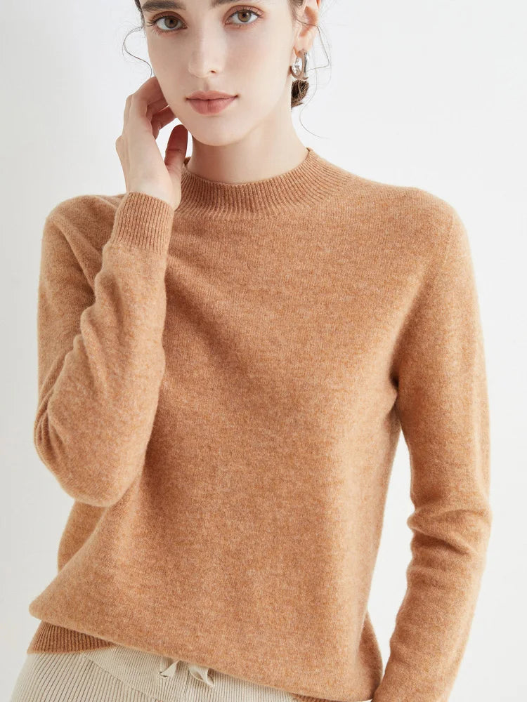 Fashion Basic Spring Autumn Merino Wool Sweater Mock-Neck Cashmere Pullover Solid Color Soft Long Sleeve Basic Clothing Tops