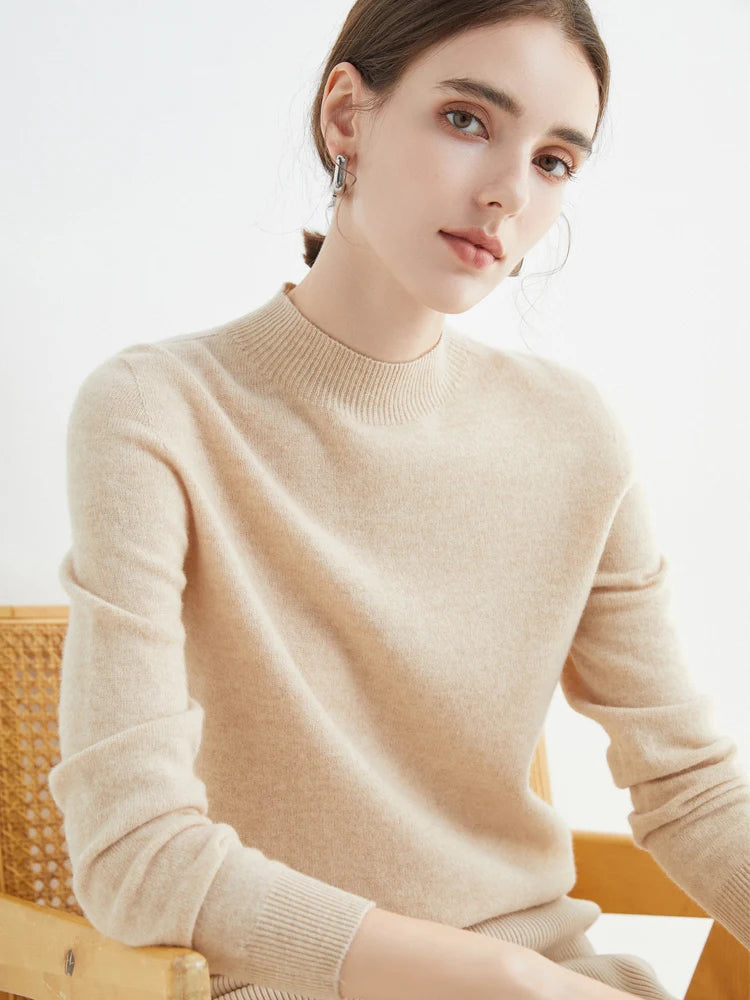 Fashion Basic Spring Autumn Merino Wool Sweater Mock-Neck Cashmere Pullover Solid Color Soft Long Sleeve Basic Clothing Tops