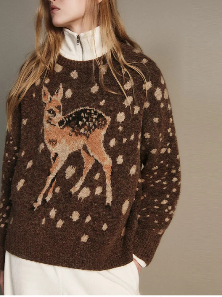Casual Deer pattern Dot O Neck Knit Sweater For Women  Brown Full Sleeve Loose TOP 2025 Autumn Winter Lady High Street Outerwear